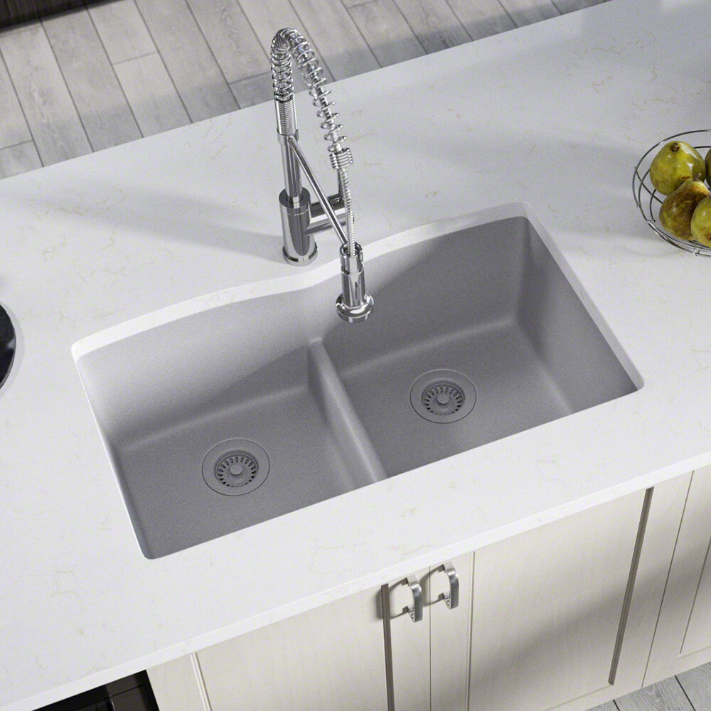 33 X 19 Double Basin Undermount Kitchen Sink With Coloured Strainers And Flange