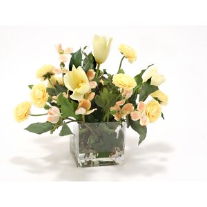 Waterlook Soft Dogwood, Tulips and Ranunculus in Square Glass