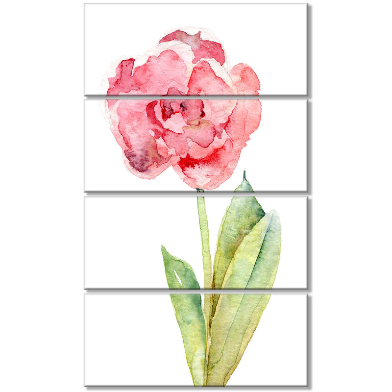 Designart Single Pink Tulip On White Background 4 Piece Painting