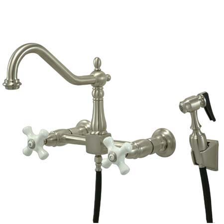 Heritage Double Handle Widespread Wall Mount Kitchen Faucet with Wall Mounted Side Spray