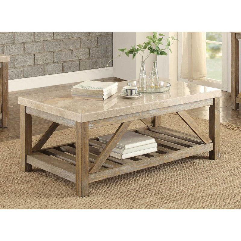 Gracie Oaks Ischua Marble Top And Slated Bottom Shelf Coffee Table