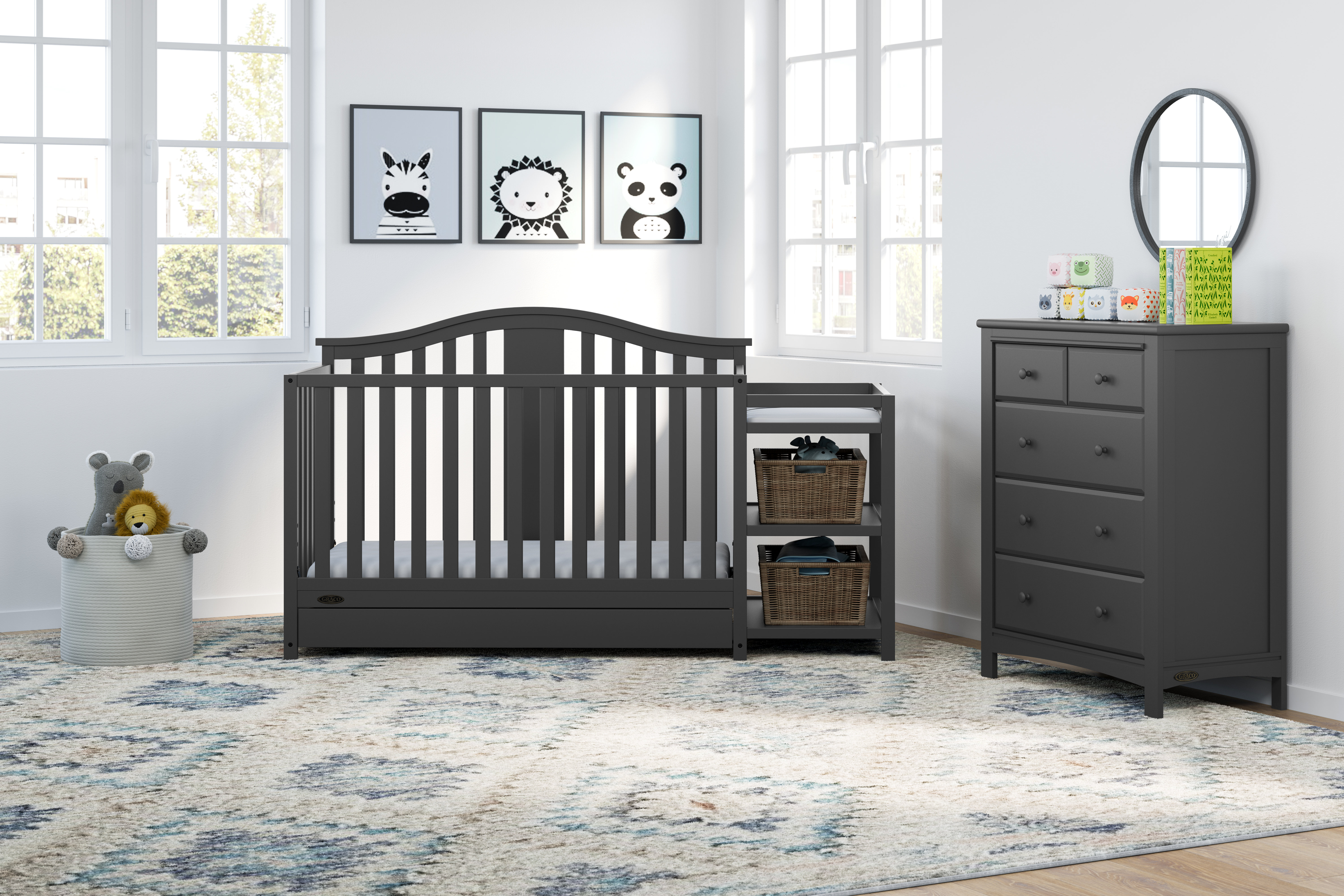 grey crib and changing table set