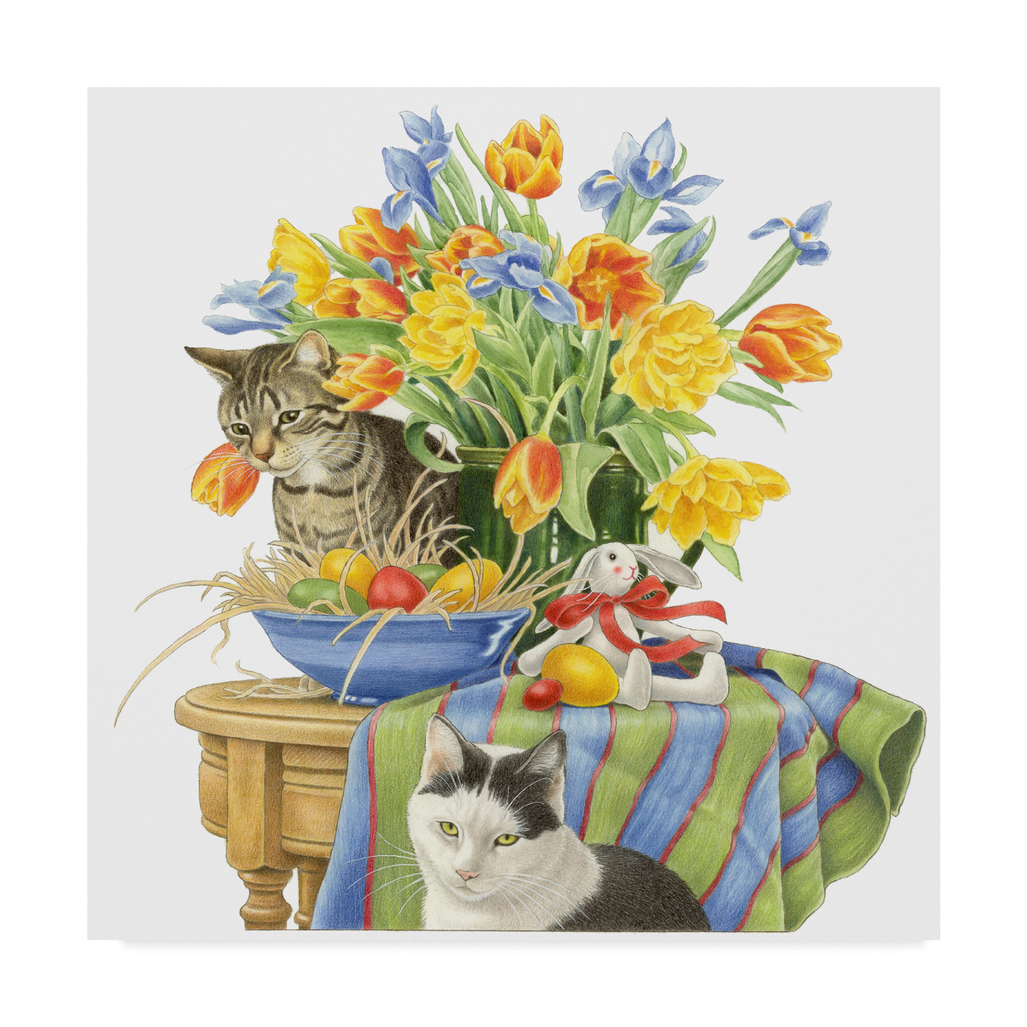 Giclee Print of Tuxedo Cat Watercolor Art Painting Pet Portrait Flowers Decor