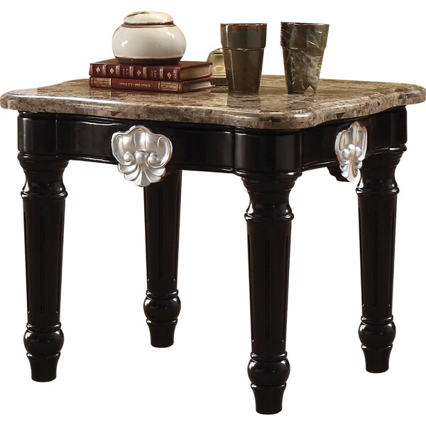 Home & Garden Sumpter Marble Top Contrast Carved Motif Turned Wood Legs End Table