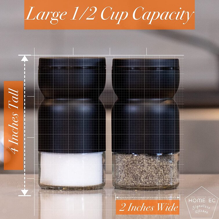 HOME EC Premium Salt and Pepper Shakers with Adjustable Pour Holes Elegant Stainless Steel Salt and Pepper Dispenser Kosher and Sea Salts Spices W/Collapsible Funnel/Ebook Perfect for Himalayan 
