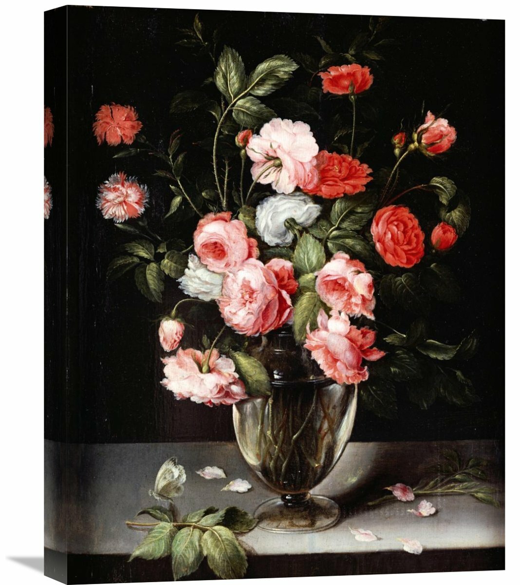 Global Gallery Roses And Carnations In A Glass Vase On A Stone