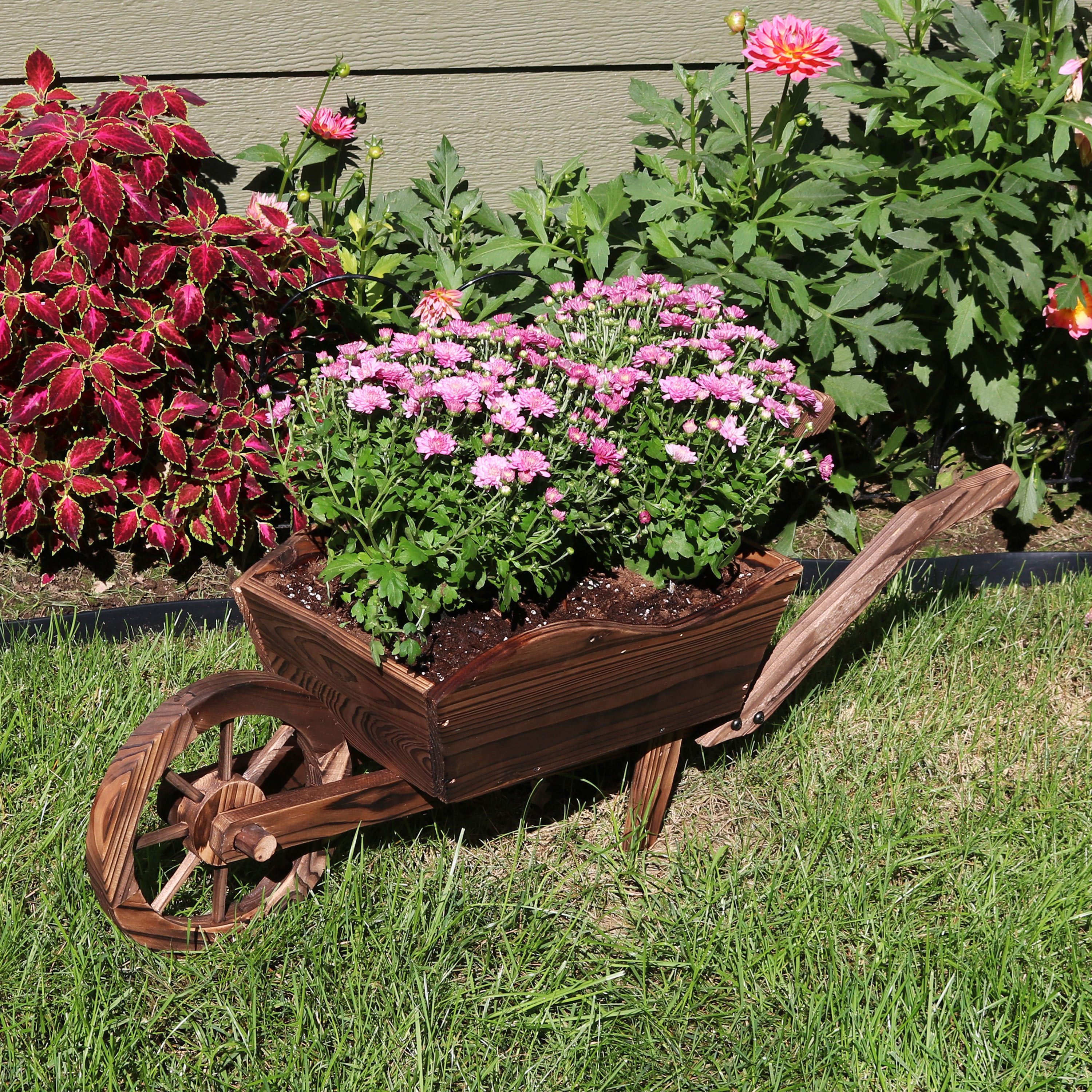 2x Traditional Wooden Wheelbarrow Planter Garden Plants Flowers Outdoor Natural