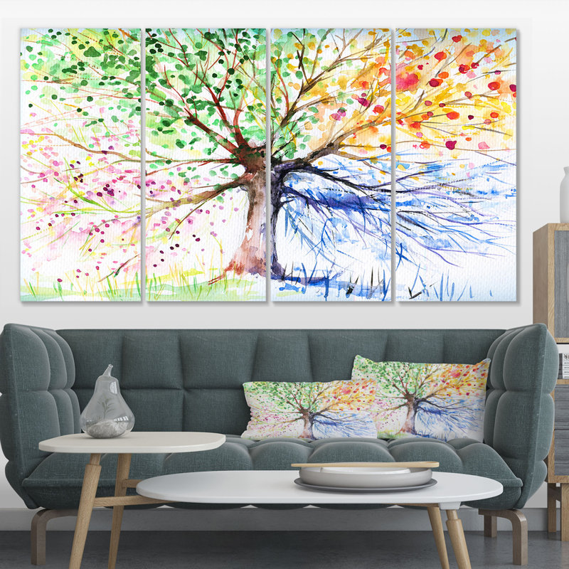 Designart Four Seasons Tree Floral 4 Piece Painting Print On