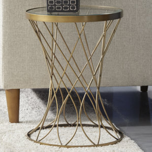 Osbourne Concave Round Metal End Table with Glass Top by Mercer41