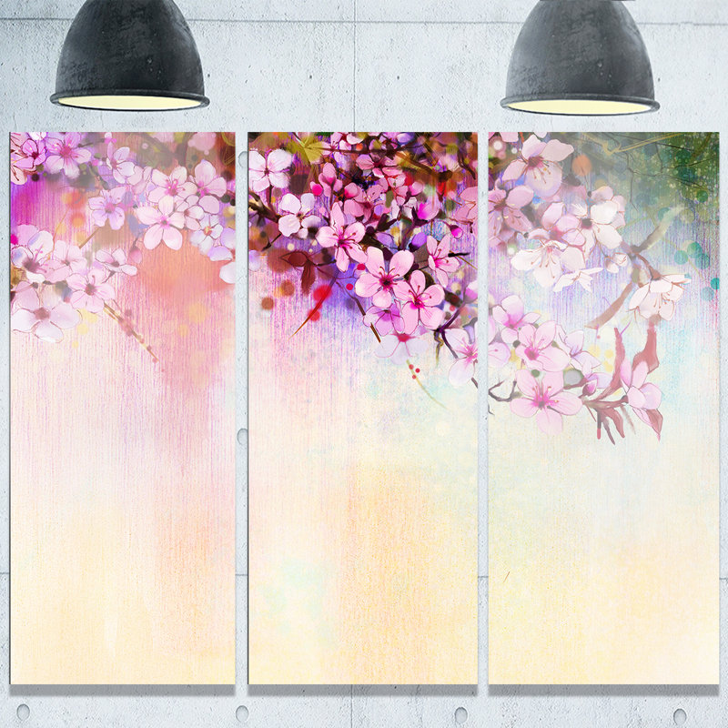 Designart Watercolor Painting Cherry Blossoms 3 Piece Painting