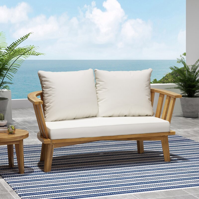 Rosecliff Heights Outdoor Wooden Loveseat With Cushions ...