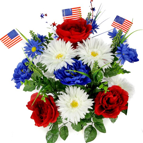 Artificial Blooming Peonies, Gerbera Daisies with Small American Flags and Fillers Mixed Bush by Admired by Nature