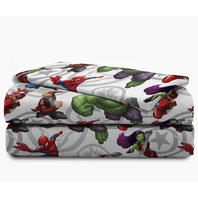 Marvel Comic Heroes 3 Piece Kids Twin Sheet Set Flat Sheet Fitted Sheet and Reversible Pillowcase