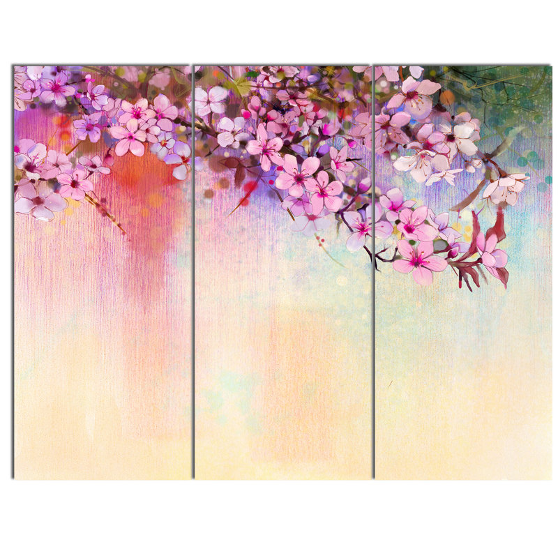 Designart Watercolor Painting Cherry Blossoms 3 Piece Painting