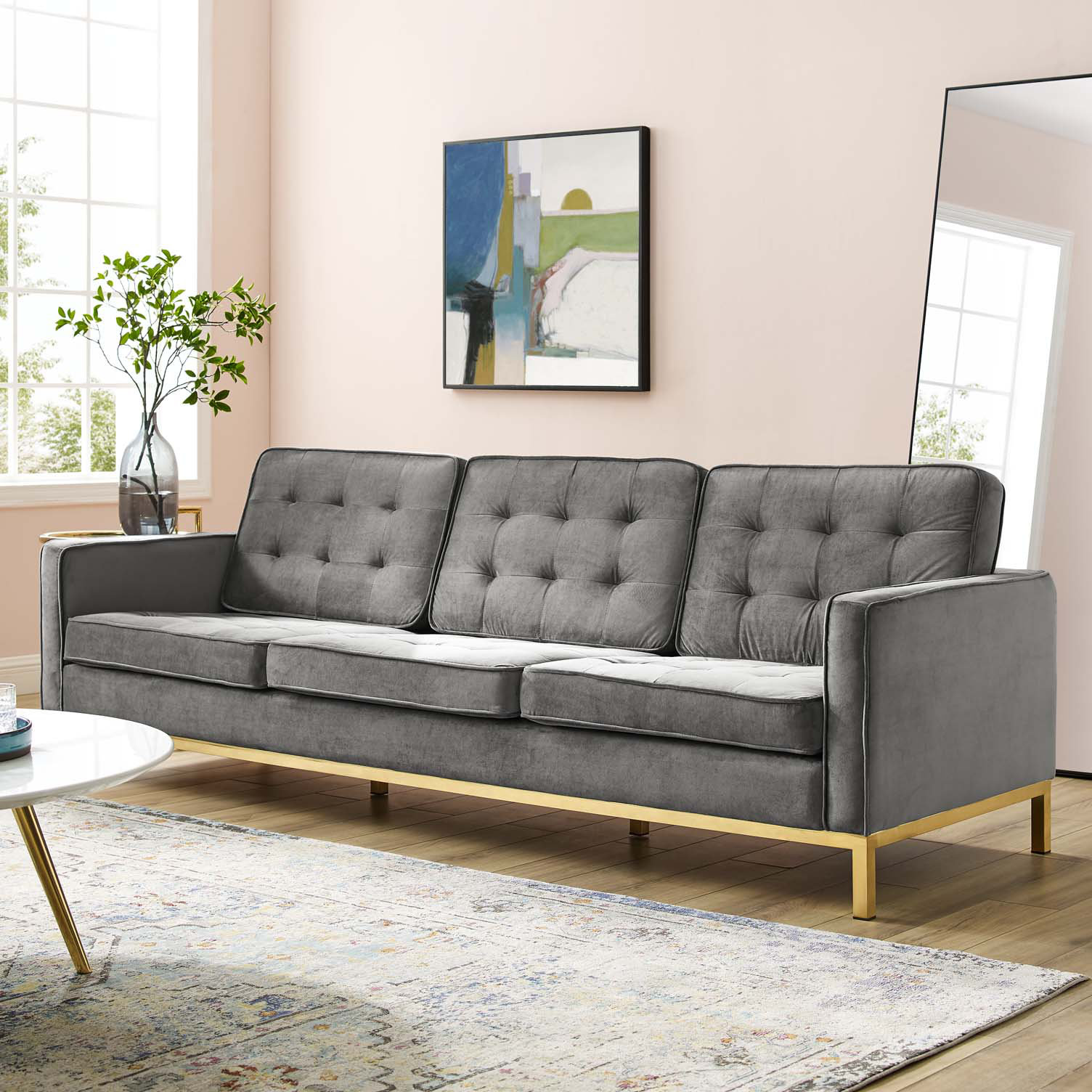 Mercer41 Loft Gold Stainless Steel Leg Performance Velvet Sofa In Mercer41 Loft Gold Stainless Steel Leg