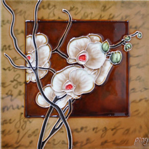 White Orchid With A Light Brown Frame Tile Wall Decor