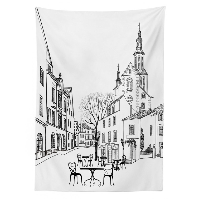 East Urban Home Ambesonne Cityscape Tablecloth Street Cafe In Old City Houses Buildings Tree Alleyway Medieval Castle Landscape Rectangular Table Cover For Dining Room Kitchen Decor 60 X 84 Black White Wayfair