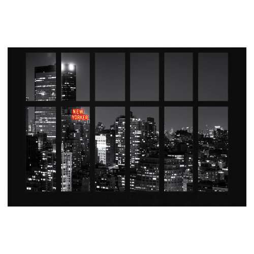 Window on the New York Skyline at Night 2.9m x 4.32m Textured Matt Peel & Stick Wall Mural East Urban Home
