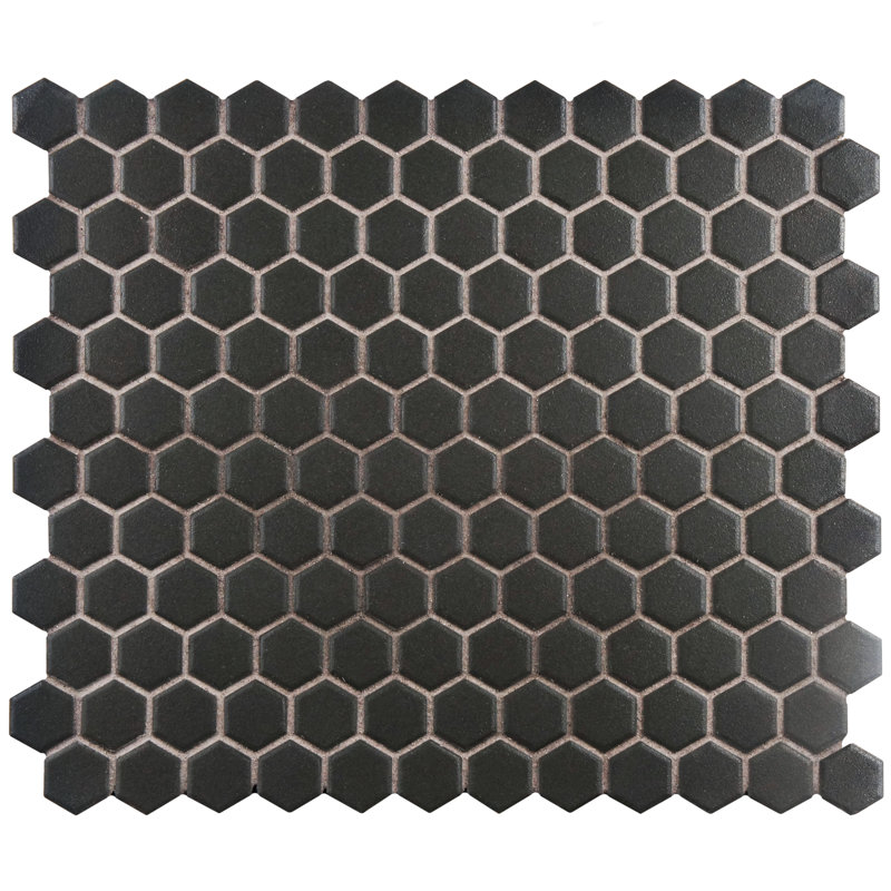 Vintage style Hexagon 10.25" x 12" Porcelain Unglazed Mosaic Tile in Antique Black