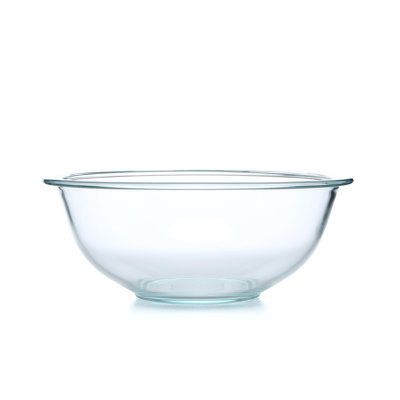A clear Pyrex Prepware glass mixing bowl photographed for a US home retailer listing in September 2026