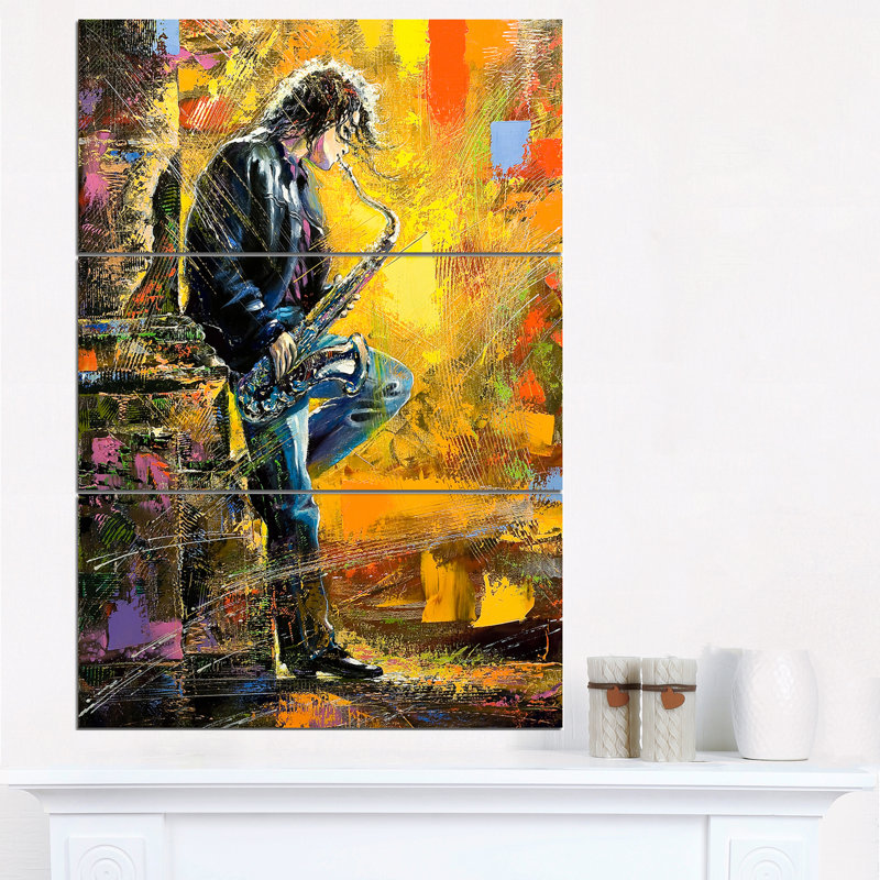 Designart Man With Saxophone 3 Piece Painting Print On Wrapped