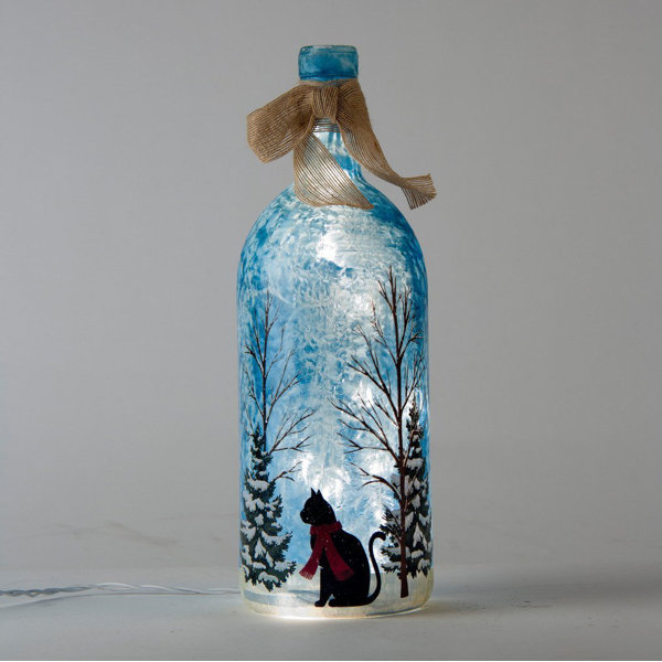 Cat with Scarf Lighted Frosted Glass Bottle Lamp by Glitzhome