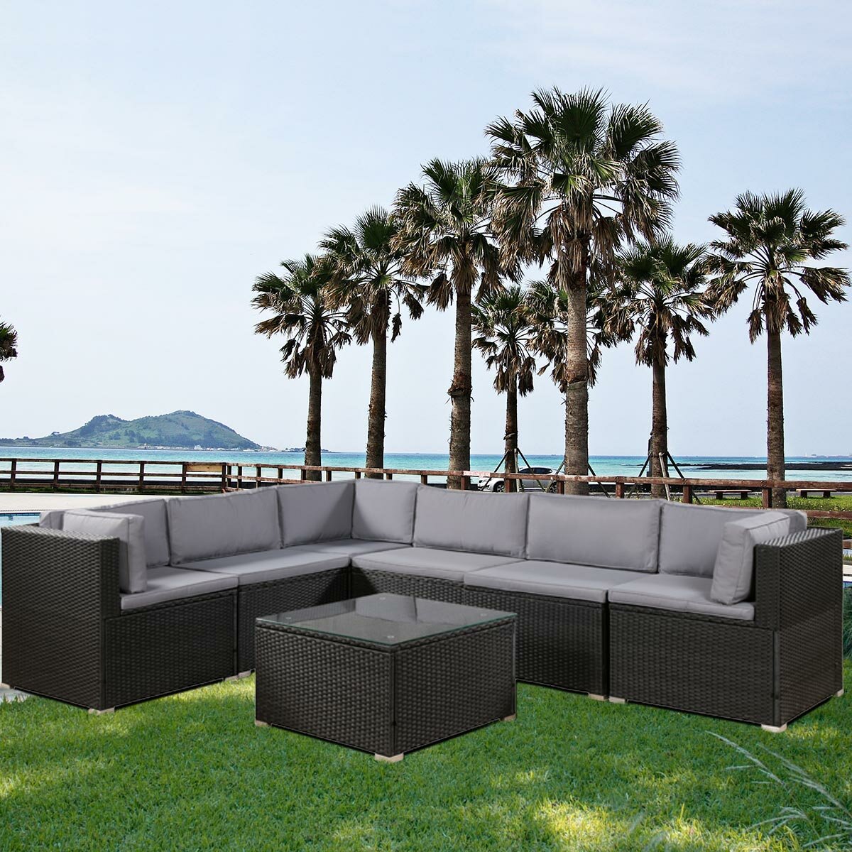 Latitude Run 7 Piece Patio Furniture Set Outdoor Sectional Pe Rattan Wicker Sofa Set With Cushion For Outdoor Patio Garden Black Rattan Grey Cushion Wayfair Ca