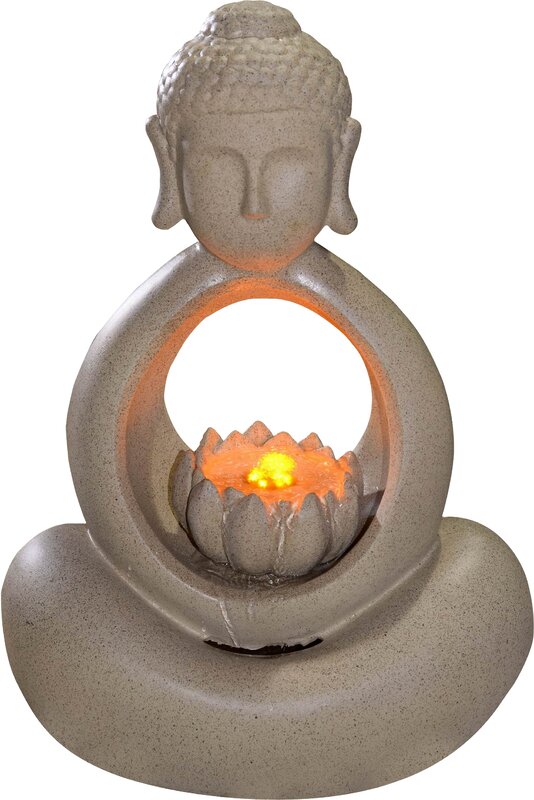 resin meditating buddha on column patio fountain with led light