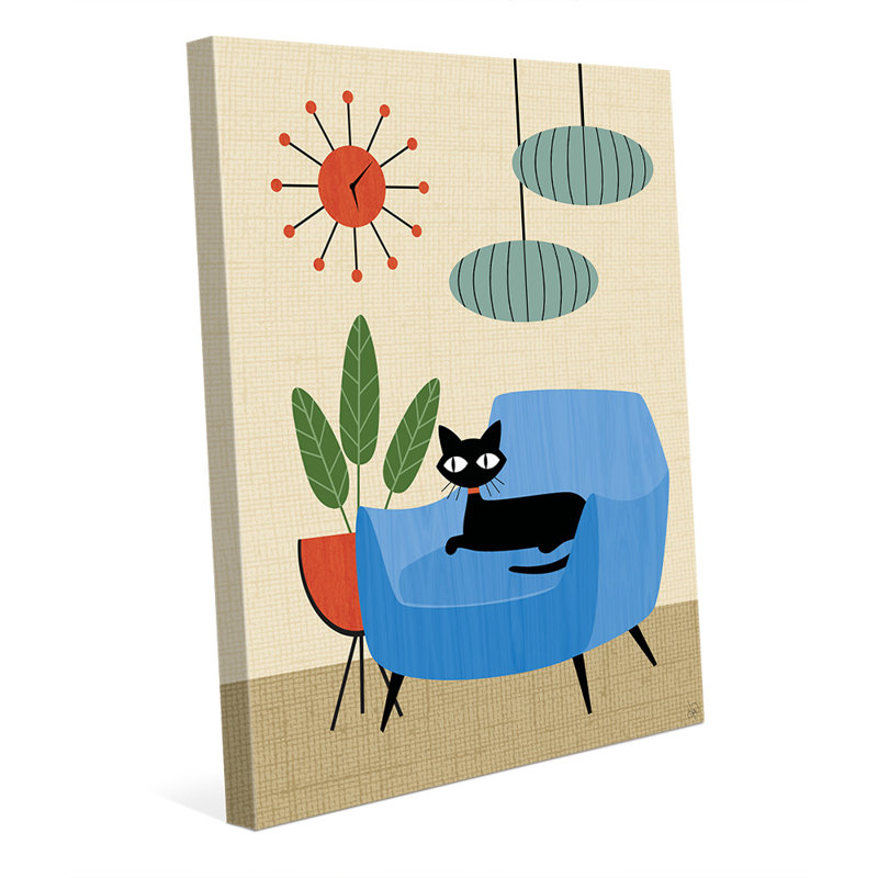 George Oliver Retro Cat In Chair And Clock Graphic Art Print On