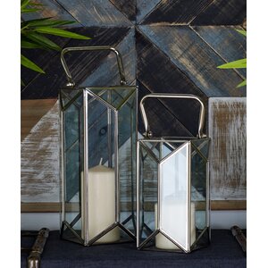 2 Piece Glass and Metal Lantern Set