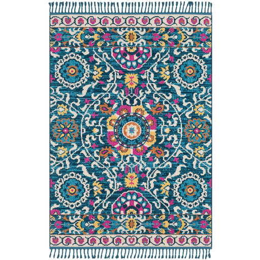 Denya Boho Suzani Tassel Teal/Pink Area Rug. How to decorate a BOHO living room. Boho decor accessories.