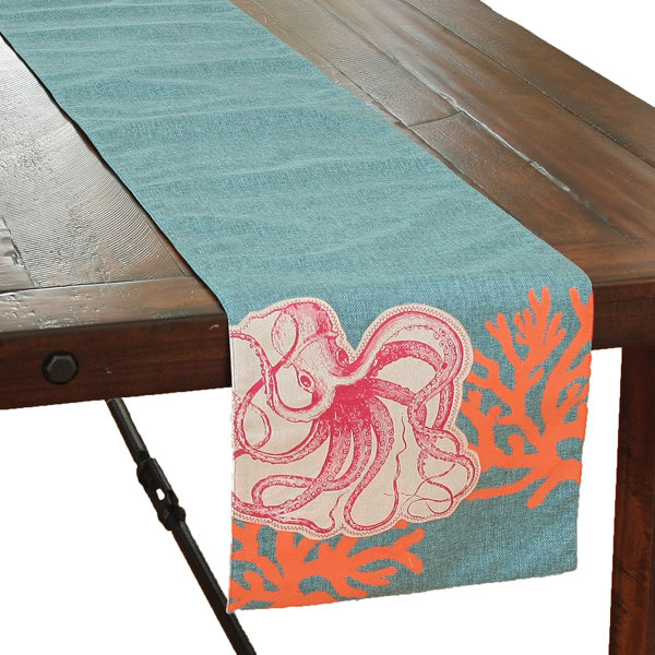 Coastal Applique Octopus with Print Coral Table Runner by Xia Home Fashions