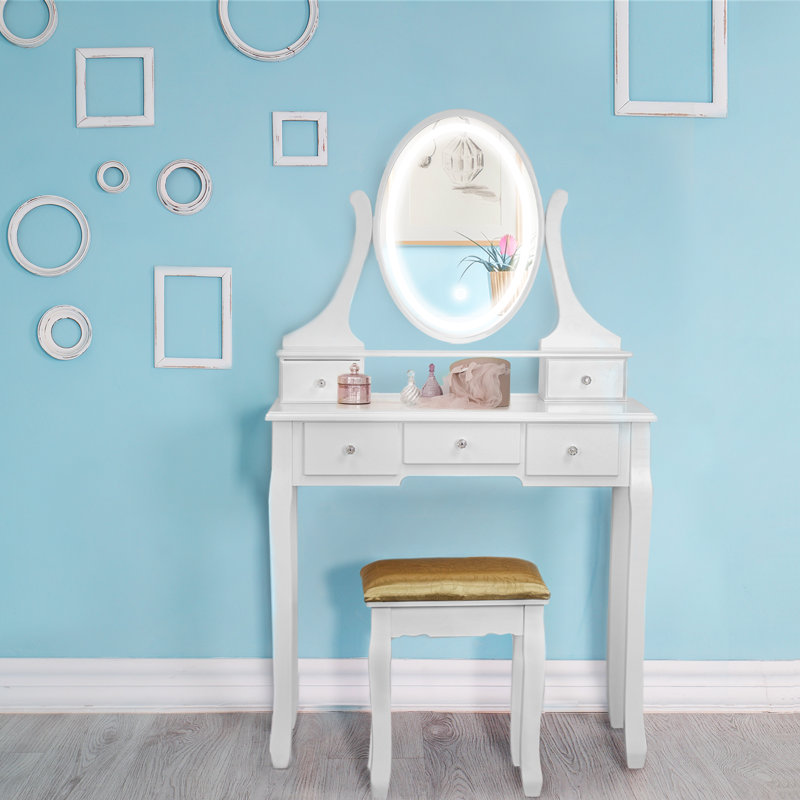 House Of Hampton Dinwiddie Vanity Set With Stool And Mirror Wayfair