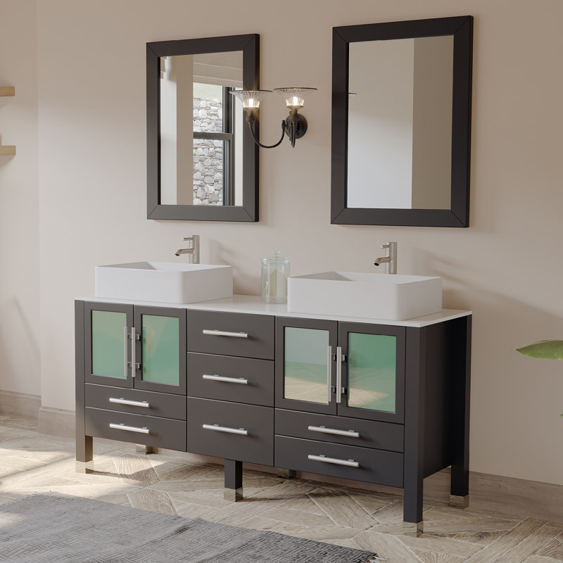Brayden Studio Meserve 65 Espresso Solid Wood Double Bathroom Meserve 65 Espresso Solid Wood Double Bathroom Vanity Set With Mirror