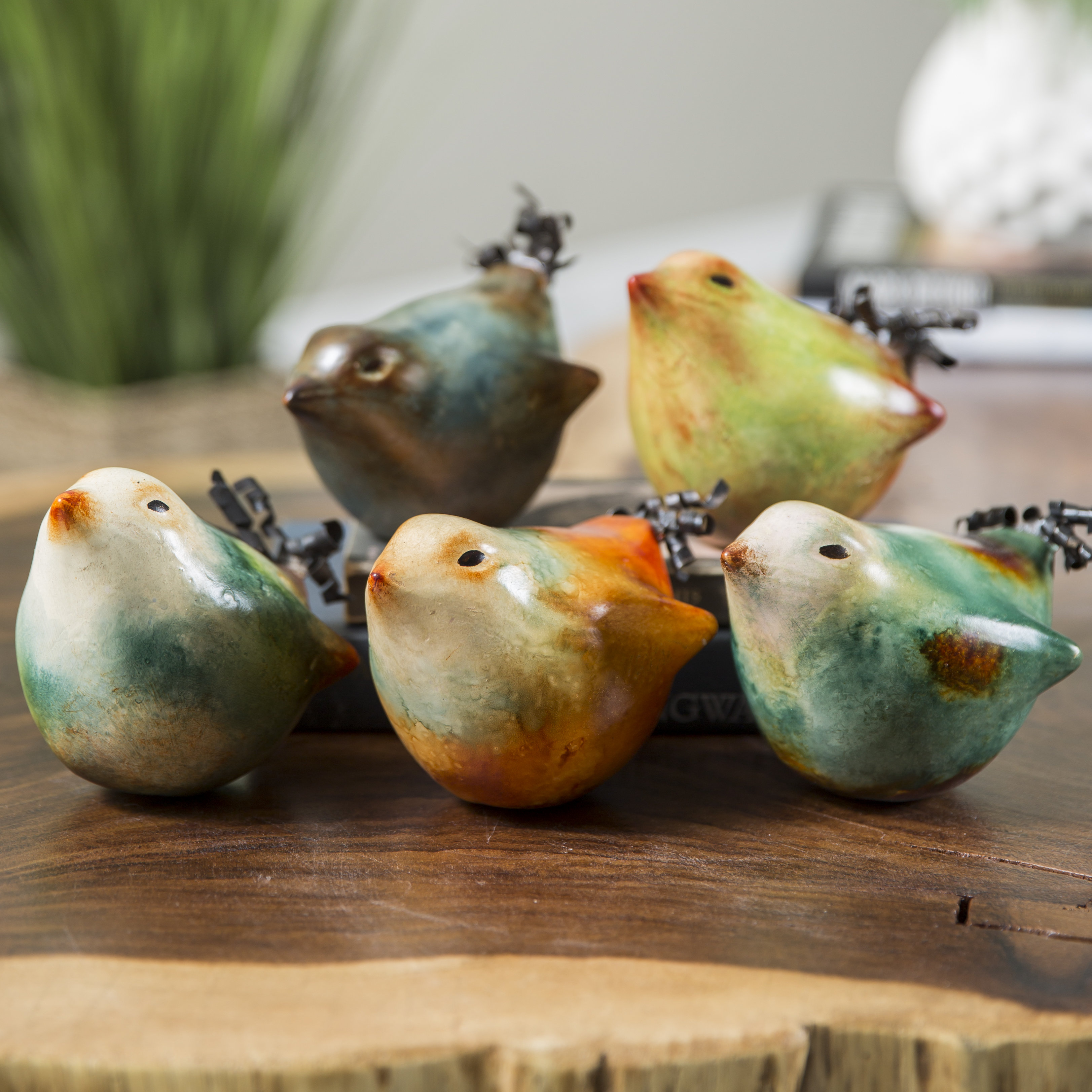 DELUXE SET//2 STONEWARE SONGBIRDS FIGURINE HOME teal brown BIRD New INTERIOR