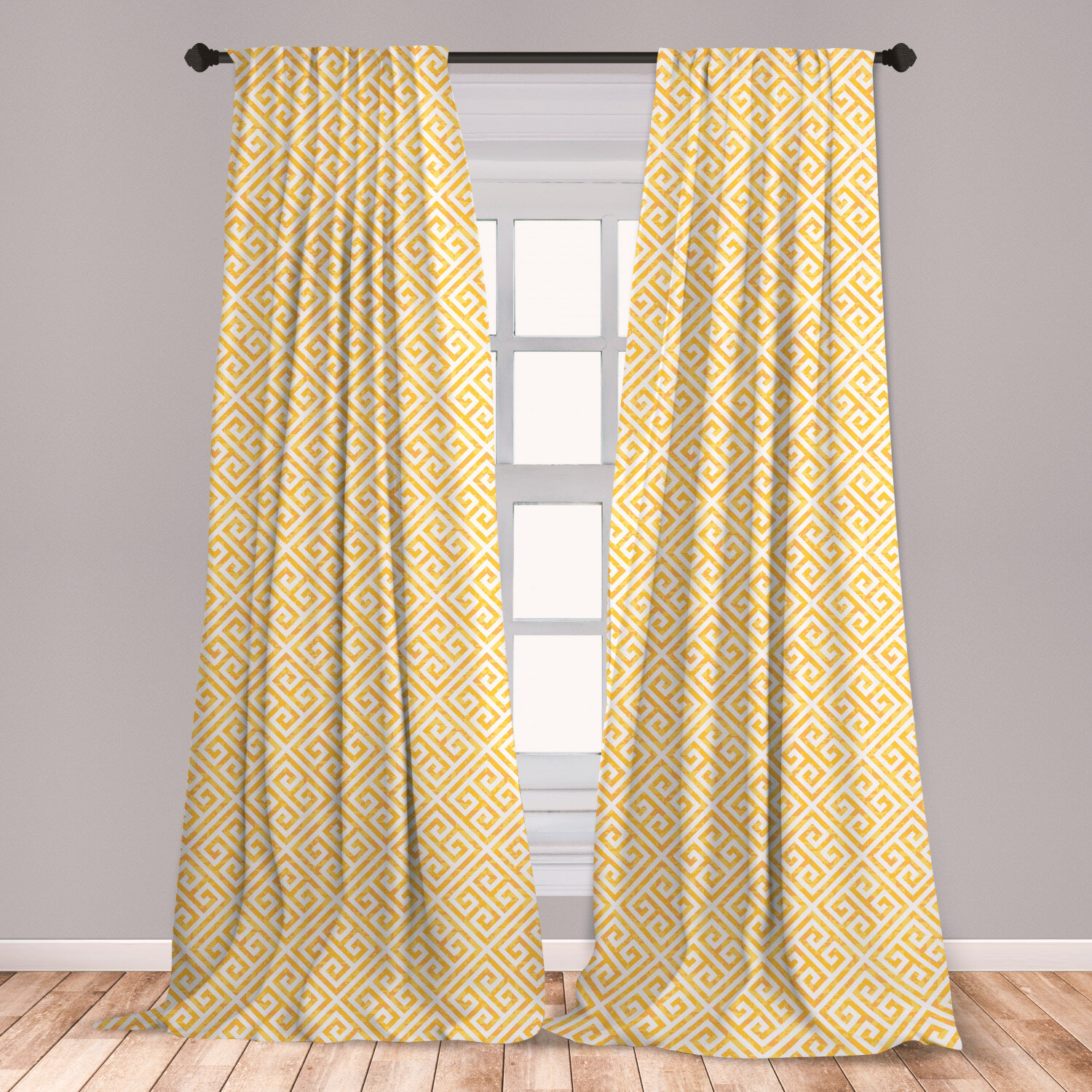 Ambesonne Greek Key 2 Panel Curtain Set Yellow And White Tile Pattern With Twisted Lines In Squares Grunge Looking Maze Lightweight Window Treatment