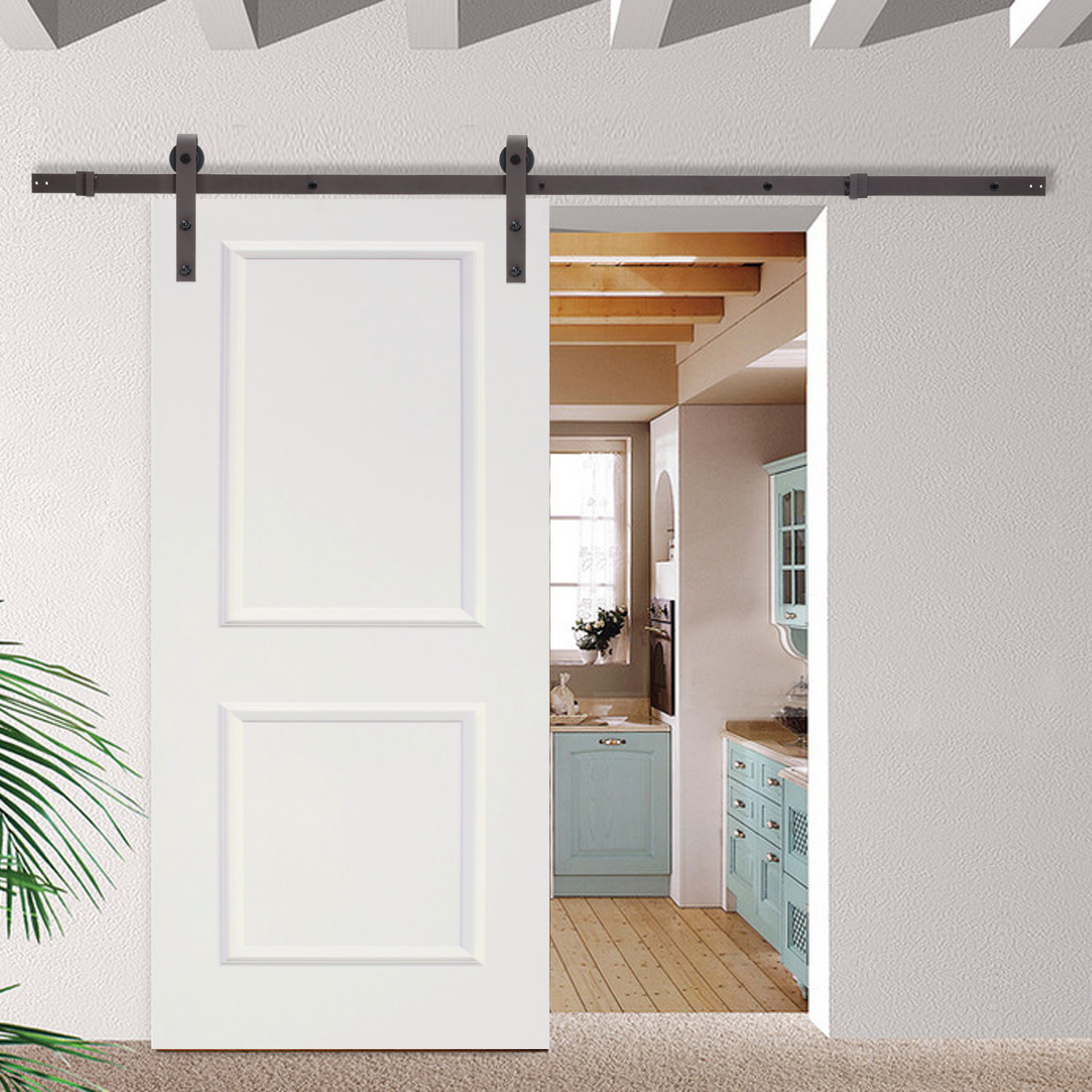 Paneled Manufactured Wood Primed Classic Bent Strap Barn Door With