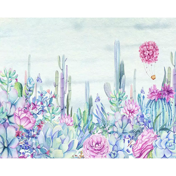 Floral Wallpaper Purple Flower Wall Mural Watercolor Cactus Wall