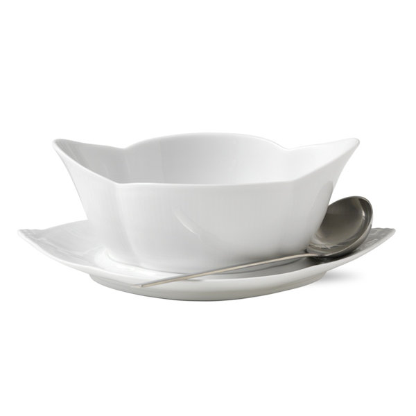 White Fluted Gravy Boat with Stand by Royal Copenhagen