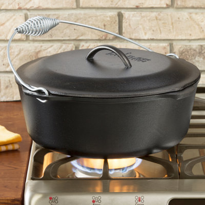 Bare black cast iron Dutch oven with a lid and a wire bail handle