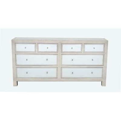 Benjara Wooden Console With Mirror Accented Panel And Eight Drawers, Silver