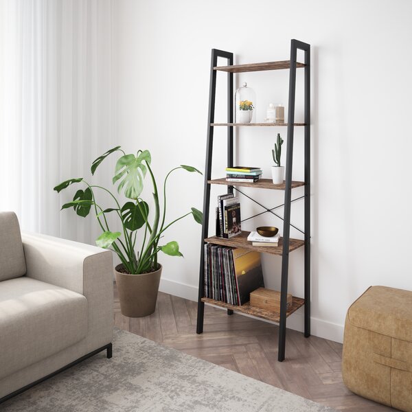 Industrial Bookshelf, 4-Tier Ladder Shelf With Metal Frame, Rustic Brown By Ballucci