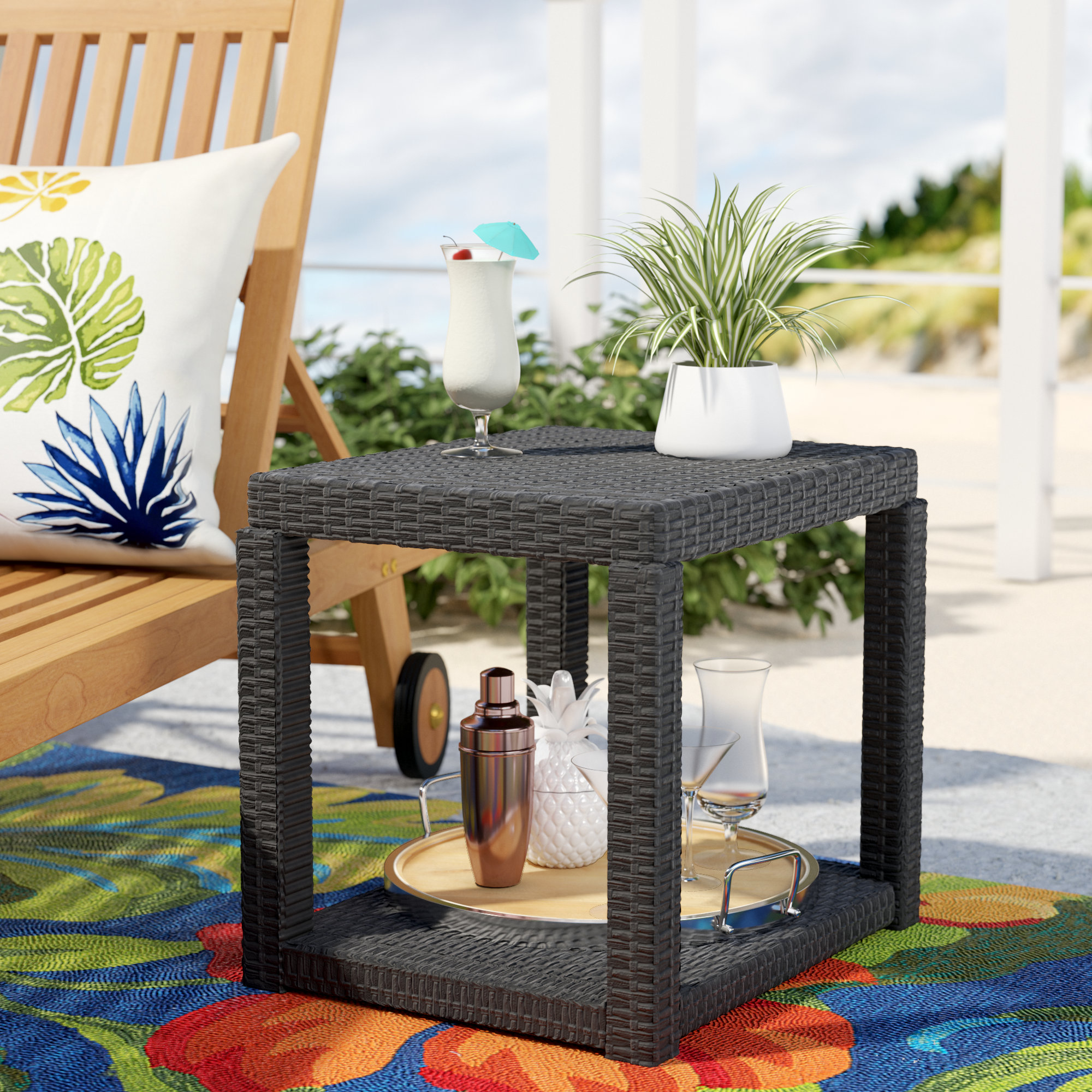 Abba Patio Outdoor Wicker Patio Square End Side Table With Storage W X 16d X 16 1h Brown Side Tables Patio Lawn Garden