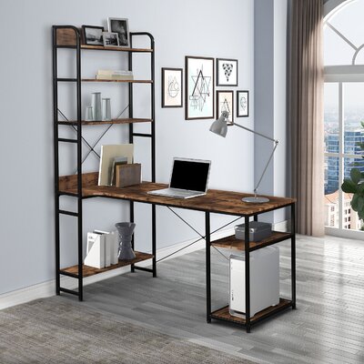 Home Office Computer Desk——Steel Frame And MDF Board/5 Tier Open Bookshelf/Plenty Storage Space(Nature) Inbox Zero Color (Top/Frame): Tiger/Black