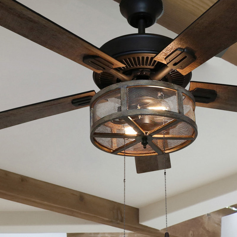 52 Abbigail Woodgrain Caged Farmhouse 5 Blade Ceiling Fan Light
