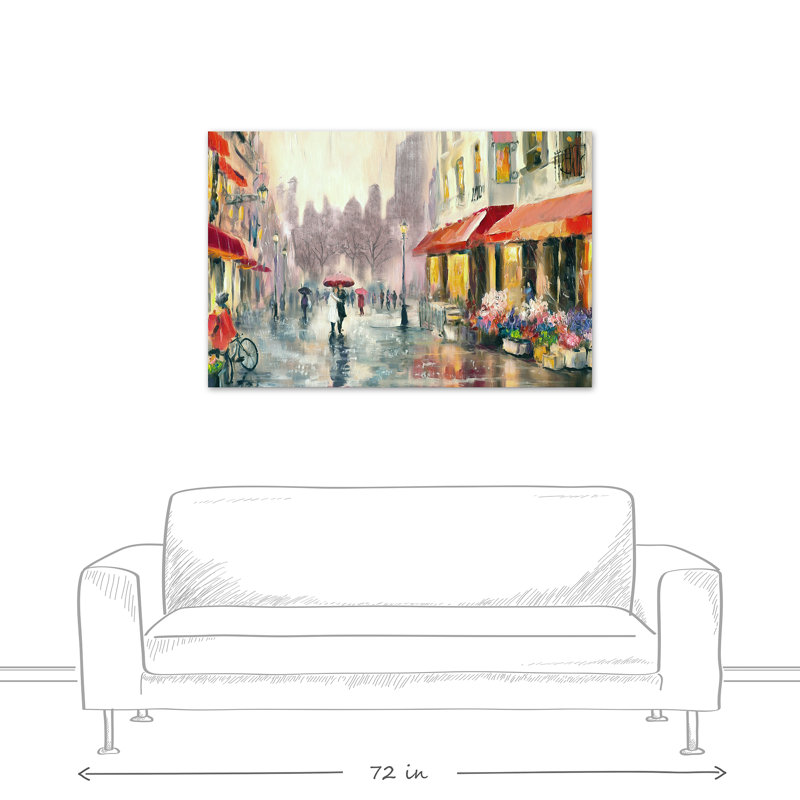 Winston Porter Red Umbrella In Rainy European City Acrylic