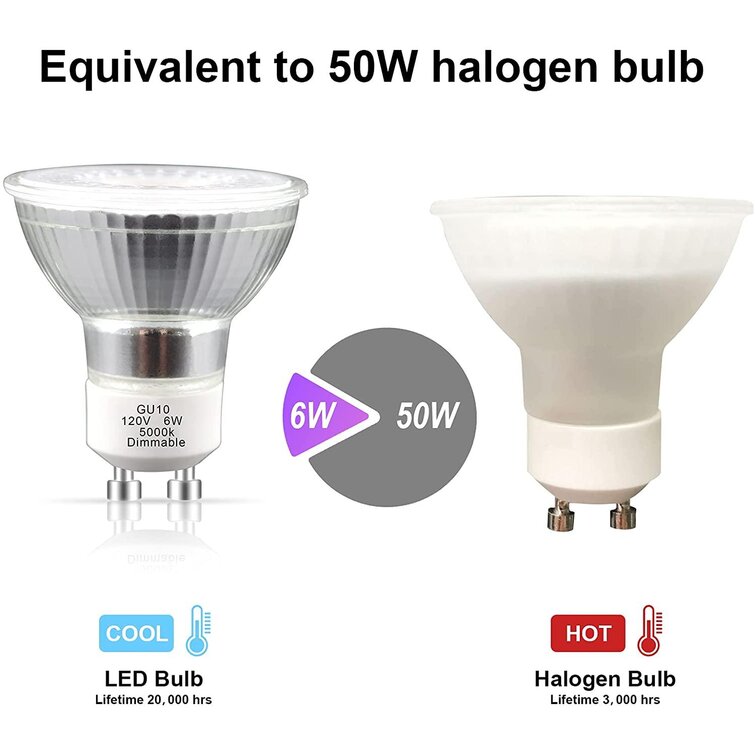 Lief voorwoord bereiken chiloyal GU10 LED Bulbs Dimmable 3000K Warm White, 50W Halogen Lamps  Equivalent, 6W 500 Lumens 120 Degree Beam Angle, MR16 Glass Cover For  Recessed Track Lighting, Spot Light, 10-Pack | Wayfair