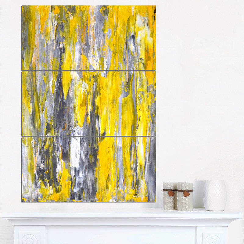 Designart Grey And Yellow Abstract Pattern 3 Piece Graphic Art