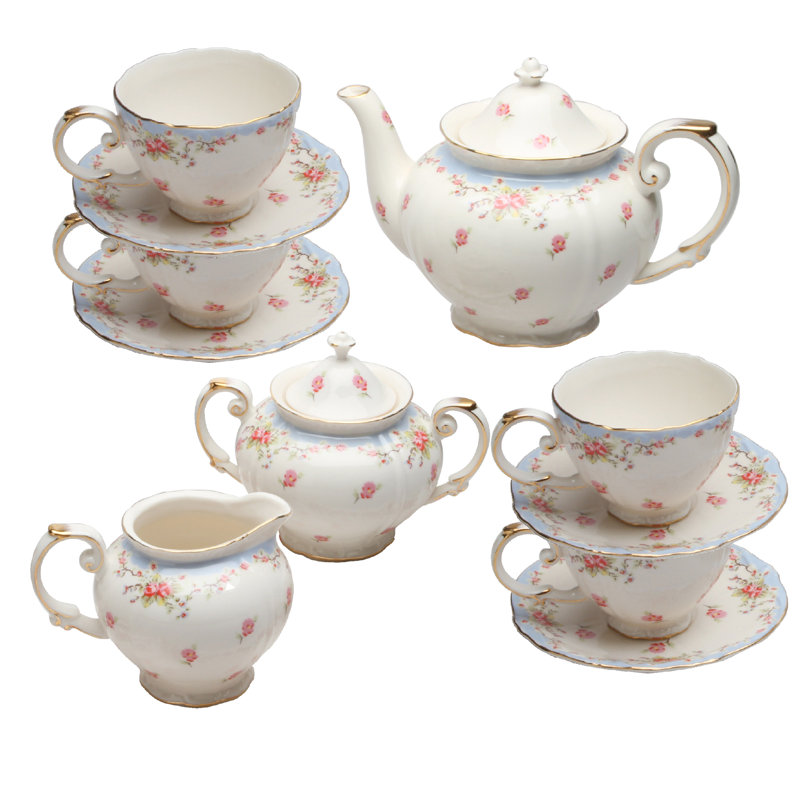 porcelain tea set with basket