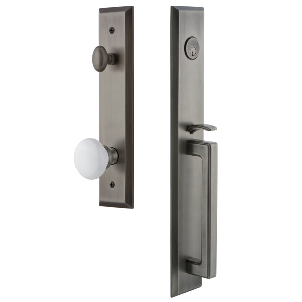 Fifth Avenue D Grip Dummy Handleset with Hyde Park Interior Knob by Grandeur
